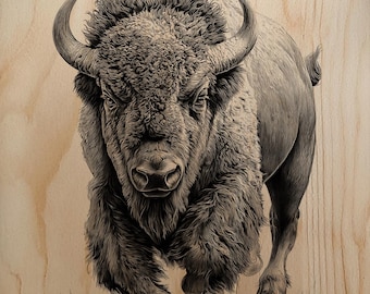 Plantilla de arte en madera con diseño de grabado láser de bisonte cargando poderosamente