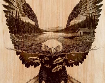 Incisione su legno di aquila calva PNG | Design per arte laser su legno | File per arte murale verticale con animali selvatici | Decorazione per baita sul lago | Download immediato