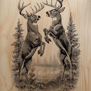 May include: A detailed black and white illustration of two deer standing on their hind legs, facing each other. The artwork is set against a backdrop of a forest and a lake, with a wood grain background.