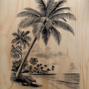 May include: Black and white illustration of a tropical beach scene with palm trees, sand, and ocean waves. The artwork is printed on a light-colored wooden surface, creating a vintage aesthetic. The image evokes a sense of relaxation and vacation.