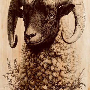 May include: Detailed illustration of a ram's head with large, curved horns. The ram has a dark face and curly, light-colored wool. The artwork is set against a light wood grain background, with floral and plant details at the bottom.