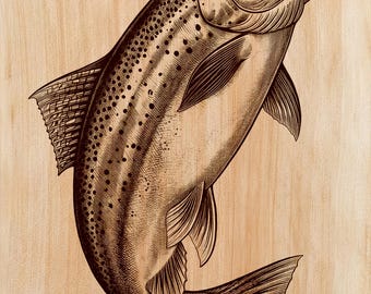 Incisione su legno di trota iridea PNG | Design per arte laser su legno | File per arte verticale da parete per pesca a mosca | Decorazione per baita | Download immediato