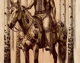 Incisione su legno di un guerriero nativo americano raffigurante un cavallo | Design per arte laser su legno | File per arte verticale tribale da parete | Decorazione rustica per baita | Download immediato