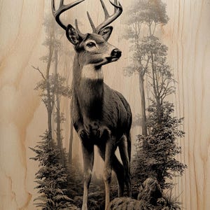 Puede incluir: Ilustración detallada en blanco y negro de un ciervo con grandes astas, sobre un fondo de bosque con árboles y helechos. La obra de arte está impresa sobre una superficie de madera de color claro, creando una estética rústica.