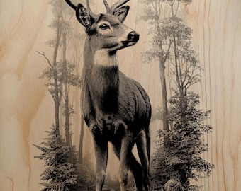 Gravyr av skogsbock i PNG-format | Elegant hjortlaserkonst | Vedeldad design av vitsvanshjort | Högupplöst Glowforge xTool-raster