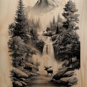 Puede incluir: Ilustración en blanco y negro de un paisaje montañoso con una cascada, árboles y un alce. La obra de arte está sobre una superficie de madera, creando una estética rústica. La imagen evoca una sensación de naturaleza y vida salvaje.