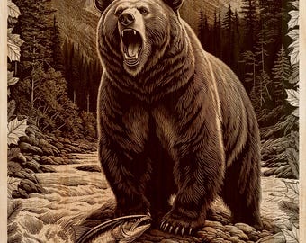 Oso pescando PNG | Arte mural de vida silvestre para madera, mármol, pizarra, piedra | Decoración rústica, archivo de grabado láser para CNC, Glowforge
