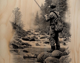 Majestic Fly Fisherman Standing On River Rocks PNG For Professional Wood Laser Engraving Art