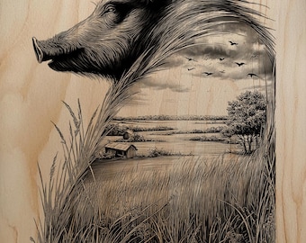 Paisaje de jabalí con doble exposición PNG para decoración de pared con grabado láser en madera profesional