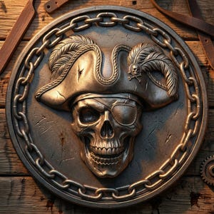 May include: A detailed, metallic pirate-themed medallion featuring a skull wearing a tricorn hat and eye patch. The skull is surrounded by a chain border and decorative feathers. The medallion is set on a wooden surface.