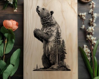 Double Exposure Bear Engraving PNG | Grizzly Forest Silhouette Laser File | Mountain Wildlife Wood Burn Art | High-Res Glowforge Raster