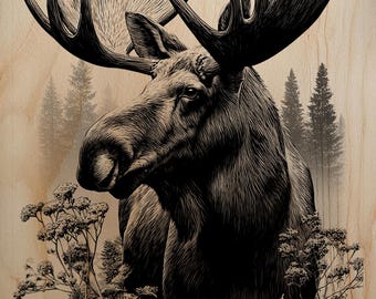 May include: A detailed black and white illustration of a moose with large antlers, set against a backdrop of pine trees and foliage. The artwork is rendered on a light wood grain surface, creating a rustic aesthetic. The moose is the focal point.