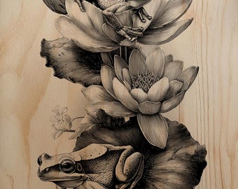 Modello di incisione laser di due rospi su fiori di ninfea, modello artistico per la fauna selvatica dello stagno
