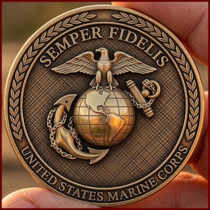 Könnte beinhalten: Eine kreisförmige bronzefarbene Herausforderungsmünze mit dem Emblem des United States Marine Corps. Das Design zeigt einen Adler auf einem Globus mit einem Anker, umgeben von dem Text Semper Fidelis und United States Marine Corps.