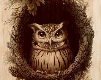Owl Wood Engraving PNG | Laser Wood Art Design | Woodland Vertical Wall Art File | Rustic Cabin Decor | Instant Download