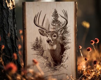Majestuoso ciervo de cola blanca PNG, ciervo realista con fondo de bosque, diseño de grabado, archivo de grabado láser, letrero de decoración rústica de caza