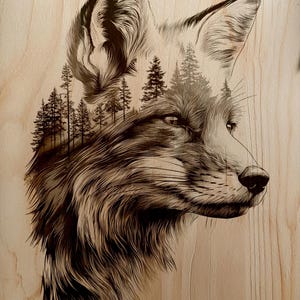 Puede incluir: Una detallada obra de arte pirograbada en madera que representa el perfil de un zorro, con una escena de bosque integrada. La obra está realizada en tonos marrones y negros, mostrando un intrincado trabajo de líneas y texturas. Montada sobre madera clara.