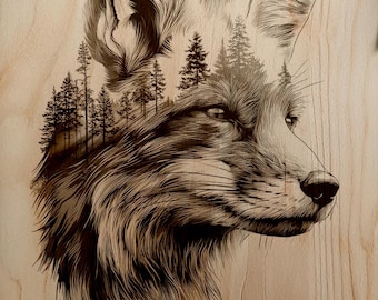 Cunning Red Fox Side Profile Double Exposure Forest PNG For Professional Wood Laser Engraving Art