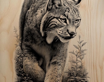 Lynx Emerging Engraving PNG | Fokuserad Bobcat-laserfil | Detaljerad Wildcat-träbränningskonst | Högupplöst Glowforge xTool-raster