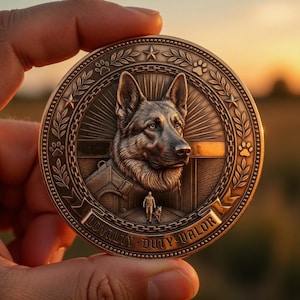 Pode incluir: Uma moeda de bronze com um relevo detalhado de um cão pastor alemão. O design da moeda inclui as palavras "LOYALTY DUTY VALOR" e uma pequena figura com um cão. A moeda é segurada em uma mão contra um fundo desfocado ao ar livre.