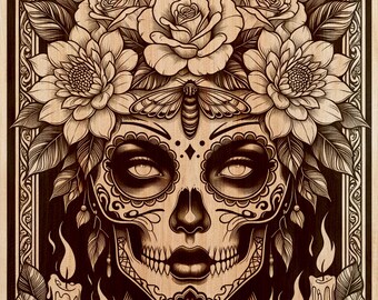 Incisione su legno PNG di una donna con teschio di zucchero | Design artistico laser su legno | File per decorazione murale verticale del Giorno dei Morti | Decorazione gotica | Download immediato