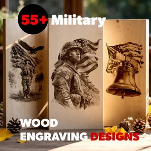 May include: Three rectangular light-coloured wooden boards featuring dark laser-engraved illustrations. The left board shows a soldier saluting with an eagle and flag. The centre board depicts a soldier in a helmet with a flag. The right board shows a bell.