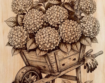 Hydrangea Wheelbarrow Wood Engraving PNG | Laser Wood Art Design | Floral Vertical Wall Art File | Garden Cottage Decor | Instant Download