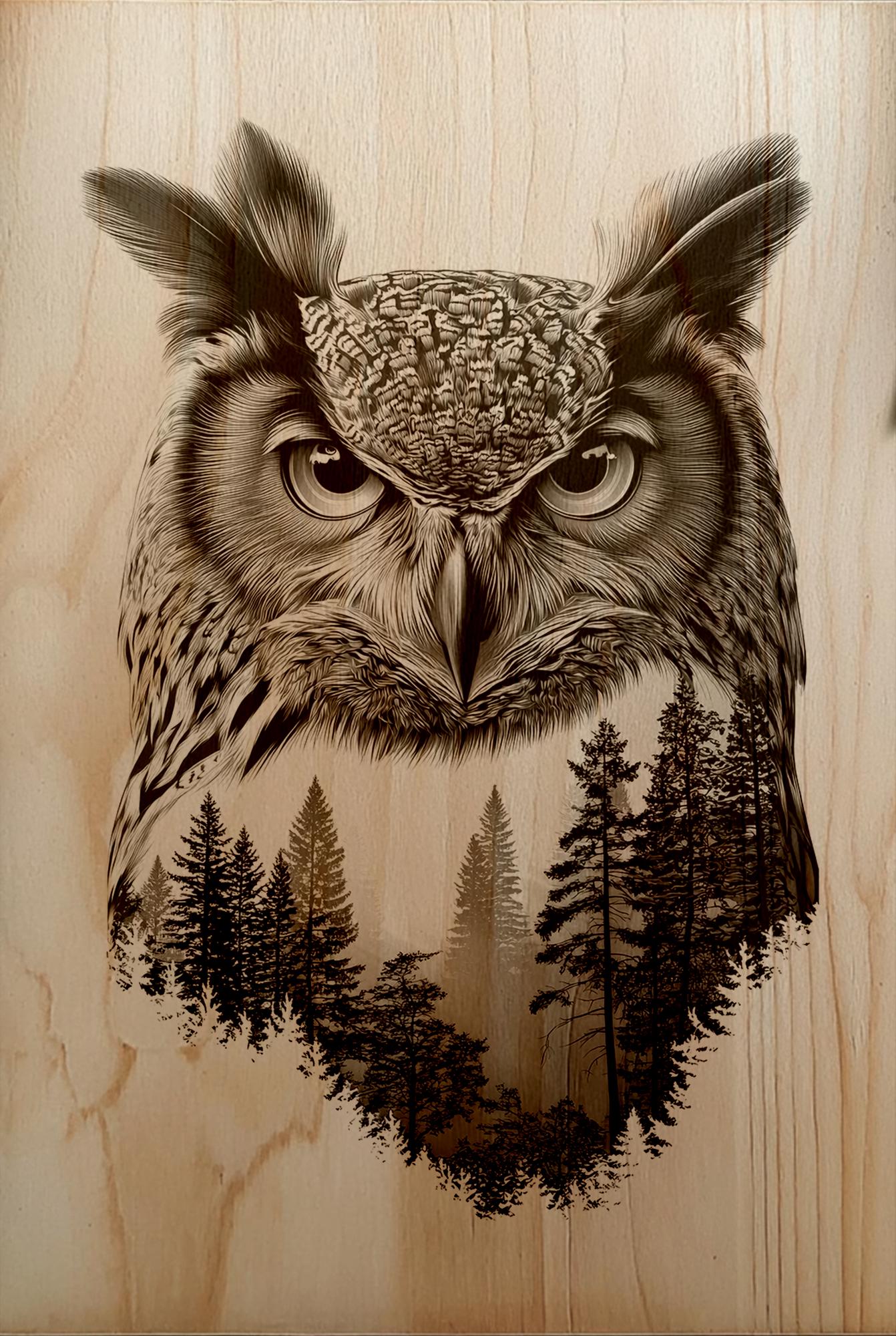 Wise Great Horned Owl Double Exposure Forest Portrait PNG For Wood Laser Engraving Art