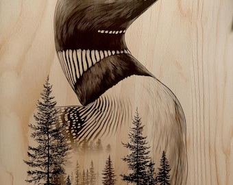 Graceful Common Loon Double Exposure Forest Portrait PNG For Professional Wood Laser Engraving Art