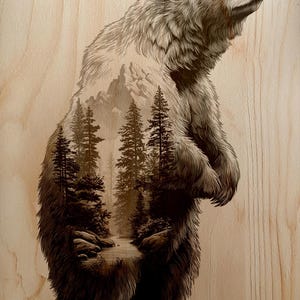 May include: A detailed wood carving of a grizzly bear with a forest scene etched within its silhouette. The bear is depicted standing, with its head raised, and the forest scene includes trees, mountains, and a river. The artwork is on a light-colored wooden surface.