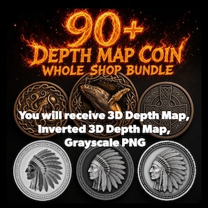 May include: A digital collection of 90+ depth map coin designs featuring various motifs including an octopus, a whale, a Celtic cross, and a profile of a person wearing a feathered headdress. The text reads 90+ DEPTH MAP COIN WHOLE SHOP BUNDLE.