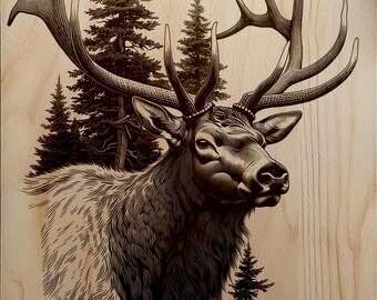 Pine Forest Elk Engraving Design PNG, Laser File for Metal Stone, Antlers Wildlife Nature Scene Digital Download