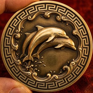 Puede incluir: Una moneda redonda, de color bronce, que representa a dos delfines saltando a través de las olas. La moneda tiene un borde detallado con un diseño de clave griega. Los delfines son el punto focal, con detalles intrincados. La superficie de la moneda tiene una calidad pulida y reflectante.
