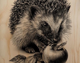 Plantilla de arte en madera con diseño de erizo con manzana, grabado láser y detalles de cosecha forestal.