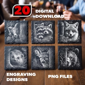 May include: A set of six square slate coasters featuring black and white engraved illustrations of a ram, raccoons, a fox, a hedgehog, a deer, and a bear. The text 20 DIGITAL DOWNLOAD ENGRAVING DESIGNS PNG FILES is displayed on the image.
