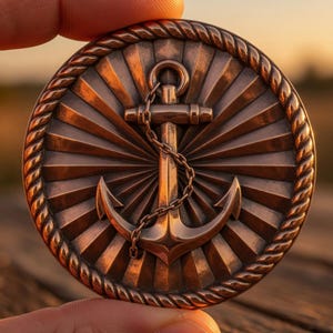 May include: A bronze-colored round medallion featuring an anchor design. The anchor is chained and centered on a sunburst pattern. The outer edge has a rope-like border. The medallion is held between fingers.