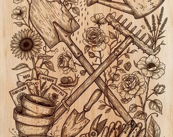 Incisione su legno di attrezzi da giardino PNG | Design per arte laser su legno | File per arte murale verticale floreale | Regalo per giardiniere | Download immediato