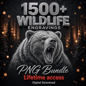 Puede incluir: Un gráfico digital que presenta un grabado detallado en blanco y negro de un oso rugiendo. El texto dice 1500+ WILDLIFE ENGRAVINGS, PNG Bundle, Lifetime access y Digital Download sobre un fondo oscuro con luces bokeh.