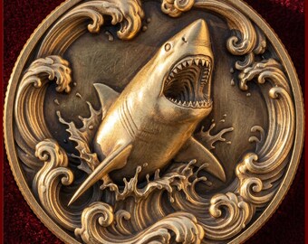 Breaching Shark Wave Coin Depth Map | Great White 3D Engraving PNG | Ocean Heightmap | xTool LightBurn Wood Coin Blank