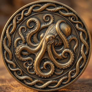 May include: A bronze-colored round medallion featuring a detailed relief of an octopus with curling tentacles. The octopus is centered within a decorative border of swirling lines. The design has a vintage, antique aesthetic.