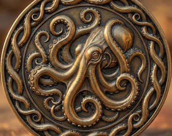 3D Depth Map Octopus Kraken Coin Digital File, Fiber Laser Engraving, Nautical CNC Grayscale PNG, Sea Monster Bas-Relief Design