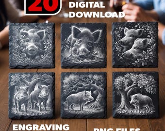 Paquete PNG de grabados de jabalíes salvajes en pizarra, 20 diseños de bellotas y árboles para Glowforge y xTool