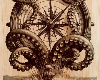 Compass Kraken Wood Engraving PNG | Laser Wood Art Design | Nautical Vertical Wall Art File | Pirate Coastal Decor | Instant Download