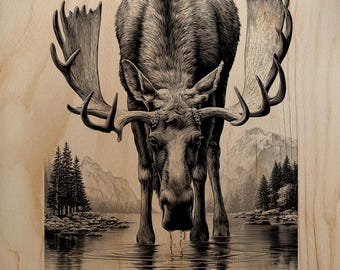Reflecting Moose Engraving PNG | Bull Moose Drinking Laser Art | Detailed Water Reflection Wood Burn | High-Res Raster File