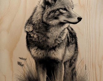 Detailed Coyote Engraving PNG | High-Res Fox Laser Art File | Rustic Wild Dog Wood Burn Design | Glowforge xTool Raster Ready