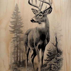 May include: A detailed black and white illustration of a deer with large antlers, set against a backdrop of a forest scene. The artwork is printed on a light-colored wooden surface, showcasing the natural wood grain.