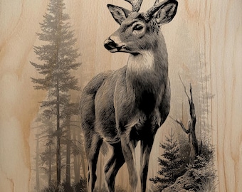 Whitetail Buck Engraving PNG | Detailed Deer Stag Laser File | Rustic Hunting Lodge Wood Burn Art | High-Res Raster