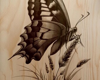 Morning Dew Butterfly Engraving PNG, Vintage Swallowtail Botanical Wood Art, Delicate Insect & Leaf Laser Design