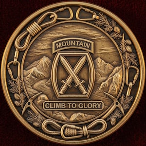 Può includere: Una moneta commemorativa circolare color bronzo con un emblema centrale di due spade incrociate all'interno di una cornice quadrata. Il testo MOUNTAIN appare sopra e CLIMB TO GLORY sotto. Il bordo include corde da arrampicata, moschettoni e rami di pino.