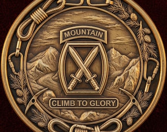 10th Mountain Division Coin Depth Map | Climb to Glory Army 3D Engraving PNG | Military Heightmap | xTool LightBurn Wood Coin